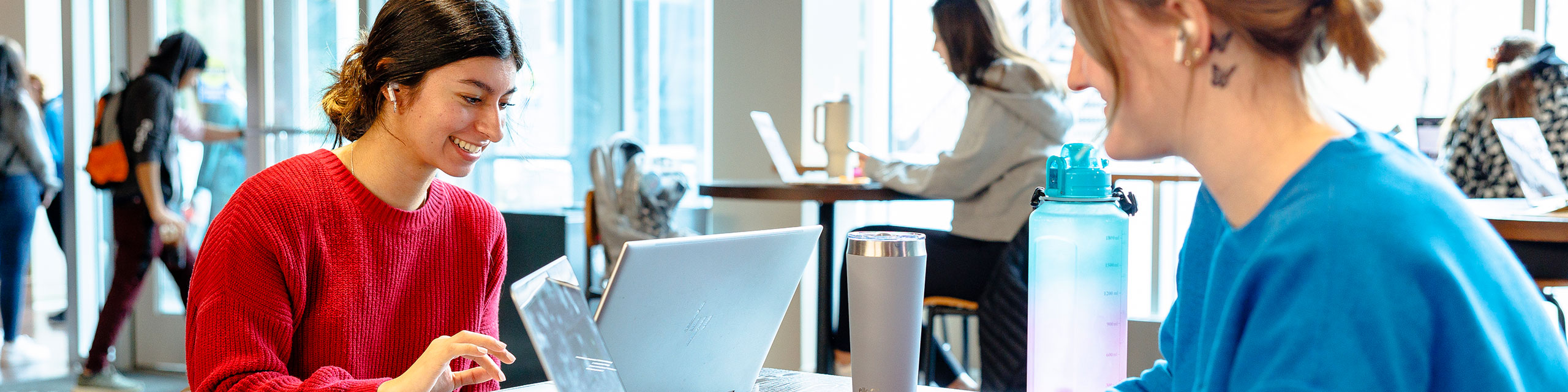 Students using laptops on the Bone Student center dining area.